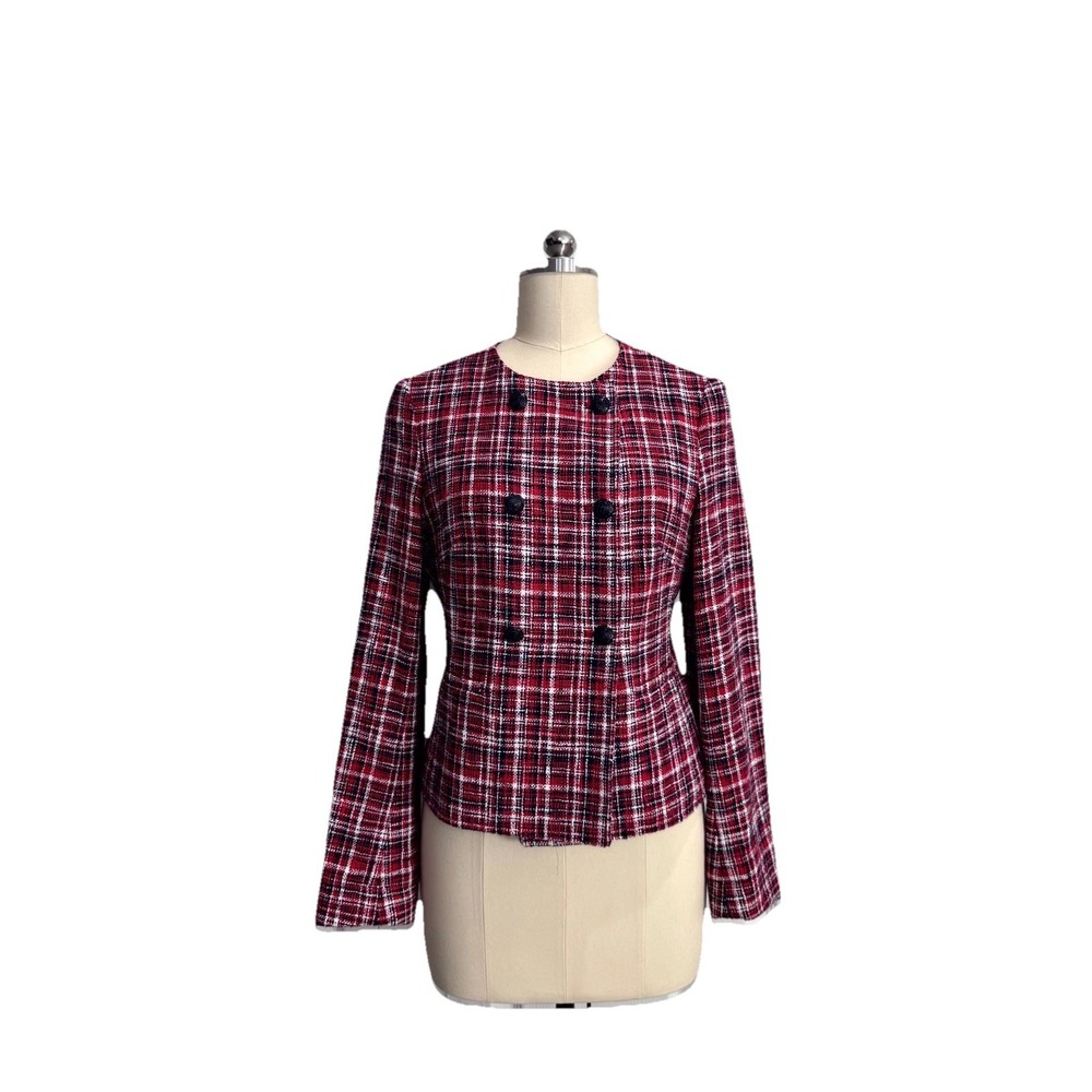 Brooks Brothers Double-Breasted Tweed Blazer Women 8 Red Plaid Check 100% Cotton